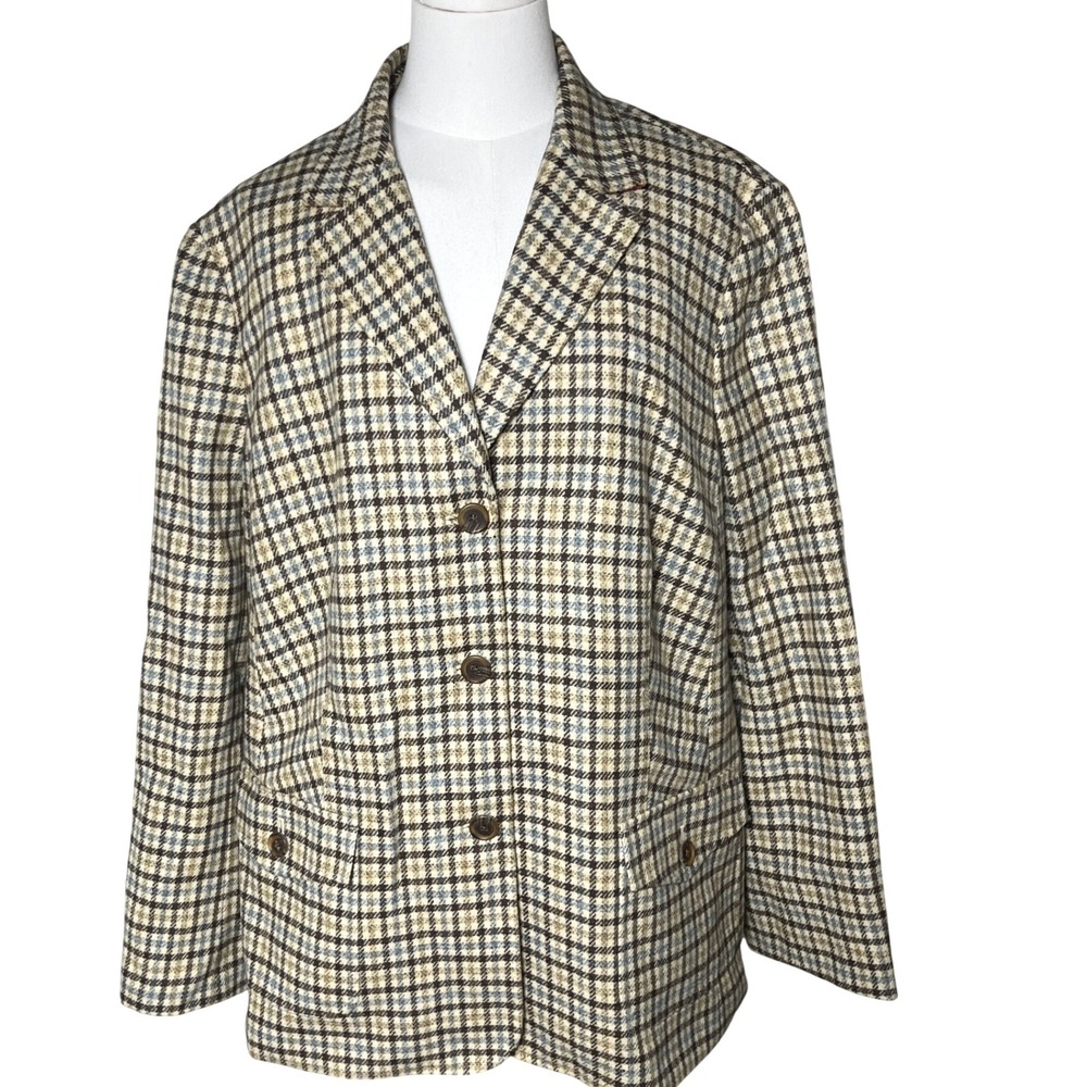 Dark Academia Plaid Wool Blazer Back Belt Check Lands' End‎ Plus 20W